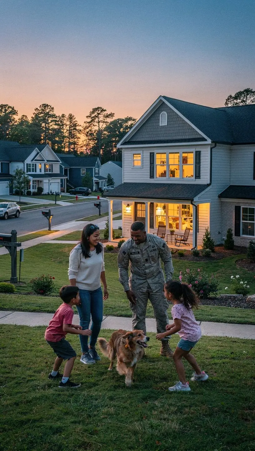Ilustracja przedstawiająca zespół doradców ds. wynajmu, omawiających oferty mieszkań dla personelu wojskowego.