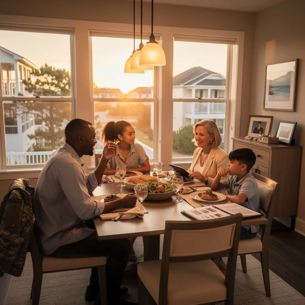 Rodzina wojskowa oglądająca mieszkanie na wynajem z notatkami o dostępnych miejscach parkingowych.