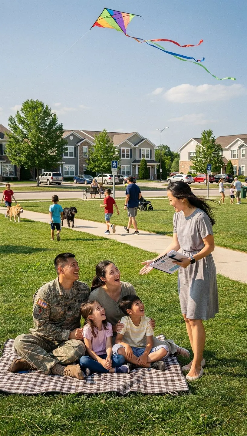 Ilustracja przedstawiająca różne typy mieszkań dostępnych dla rodzin wojskowych w Stanach Zjednoczonych.