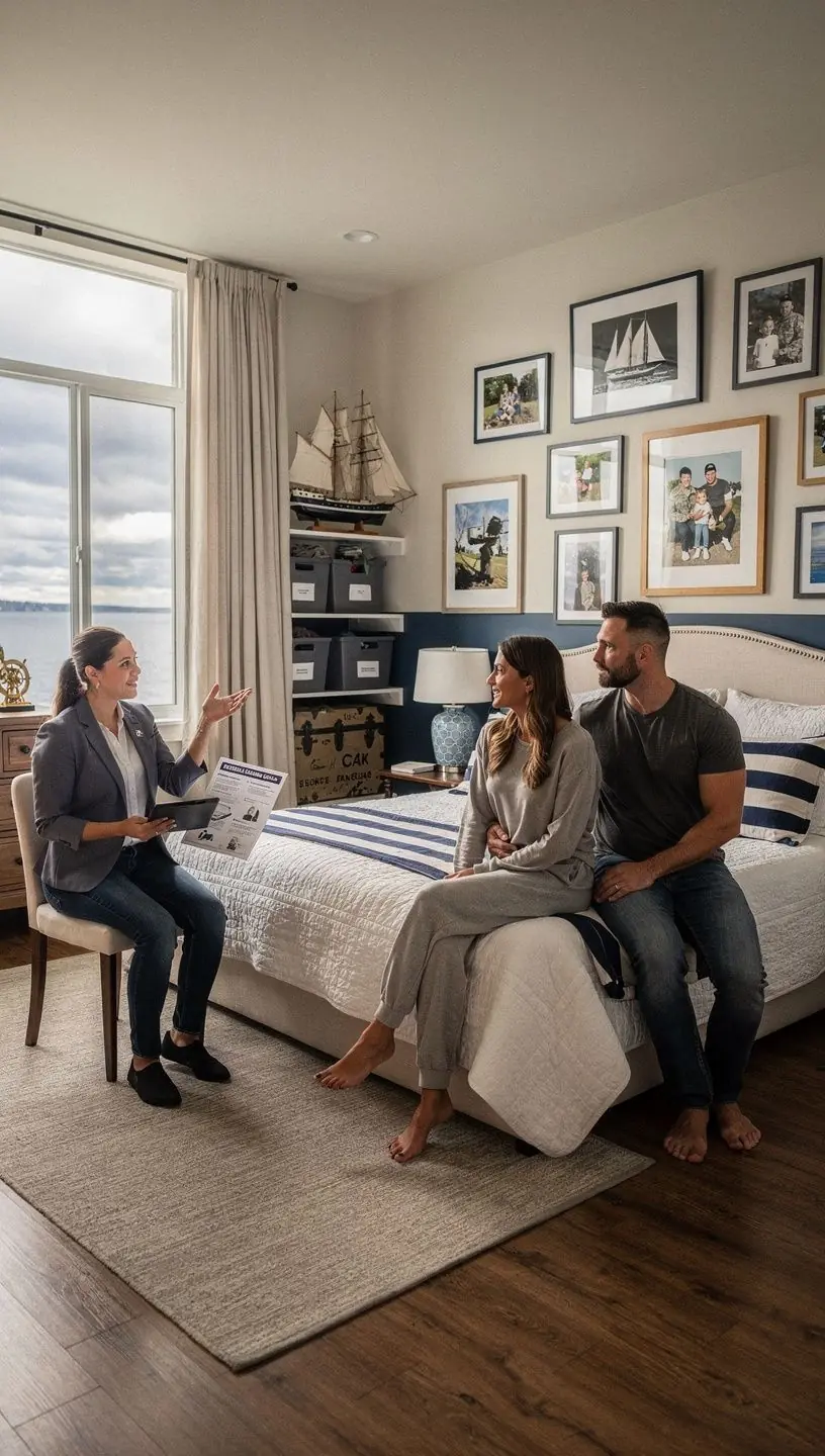 Rodzina wojskowa zwiedzająca dom z ogrodem, z uwagą na opcje przechowywania.