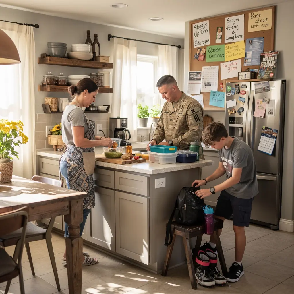 Wojskowe mieszkanie z wyraźnym oznaczeniem miejsc parkingowych i magazynowych.